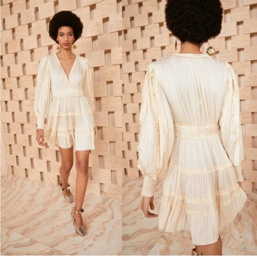 mable pleated shiny Cream Long-Sleeve Dress small